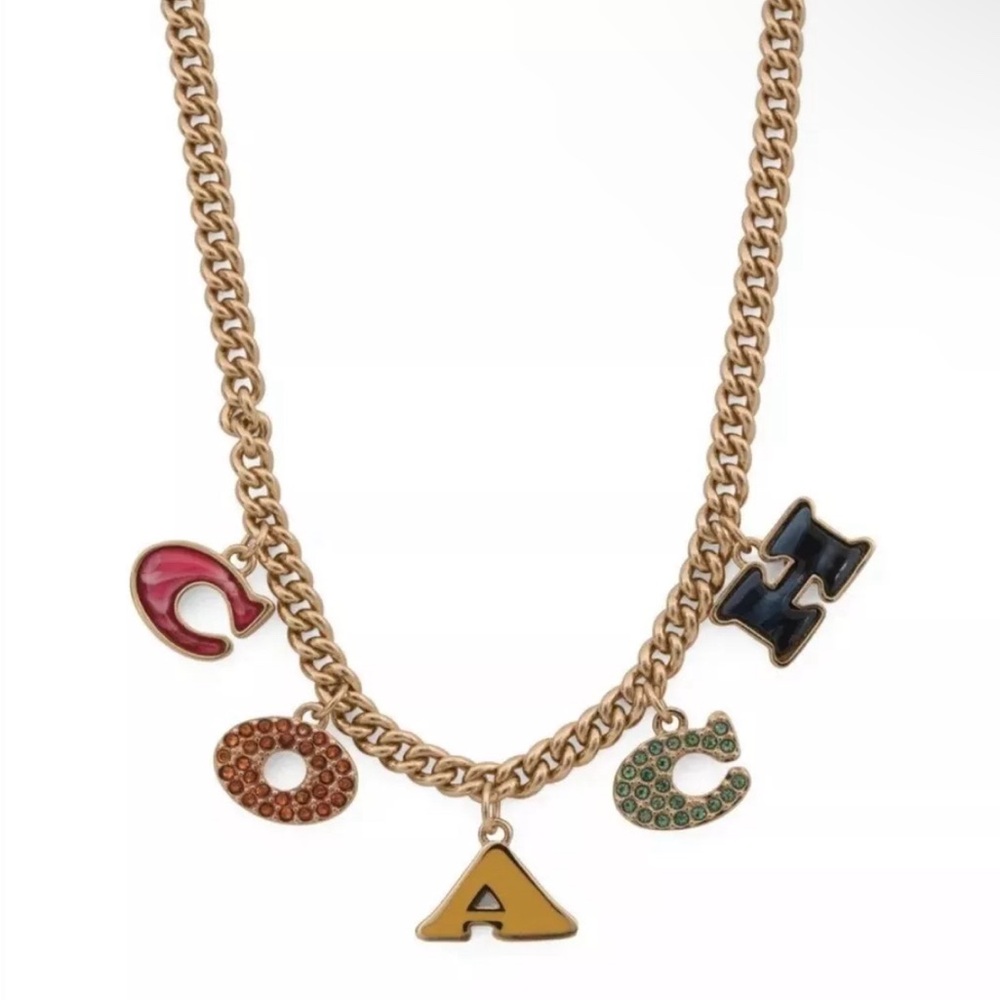 NWT! COACH Pavé Coach Charm Necklace Rainbow